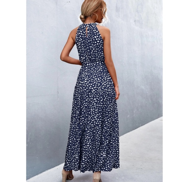 Spotted Print Maxi Dress Tie Belt High Neck - Picture 3 of 15